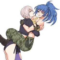 Rule 34 | 2girls, absurdres, angel (kof), blue eyes, blue hair, boots, breasts, byeonbulkan, camouflage, chaps, fingerless gloves, gloves, highres, hug, jacket, large breasts, leg lock, legs grab, leona heidern, mexico, midriff, military, multiple girls, ponytail, short hair, soldier, tank top, the king of fighters, the king of fighters xiv, white background, white hair, yellow tank top, yuri