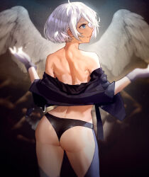 Rule 34 | 1girl, ahoge, angel (kof), angel wings, ass, back, bare shoulders, black gloves, black jacket, black panties, blue eyes, butt crack, chaps, clip studio paint (medium), commentary, english commentary, from behind, gloves, highres, hymin, jacket, no bra, off shoulder, panties, short hair, shoulder blades, solo, the king of fighters, toned, trefoil, underwear, white hair, wings