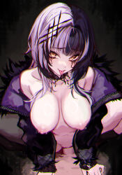 Rule 34 | 1boy, 1girl, absurdres, black coat, black hair, breasts, chromatic aberration, coat, cowgirl position, fur-trimmed coat, fur trim, girl on top, grey hair, hetero, highres, hololive, hololive english, large breasts, long sleeves, looking at viewer, multicolored hair, naokomama, nipple piercing, nipples, open clothes, open coat, penis, piercing, pov, sex, shiori novella, shiori novella (1st costume), solo focus, straddling, tongue, tongue out, two-tone hair, uncensored, vaginal, virtual youtuber, yellow eyes