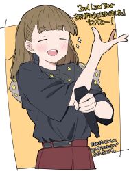 Rule 34 | 1girl, = =, black ribbon, black shirt, blunt bangs, blush, border, braid, brown hair, brown skirt, catchphrase, center-flap bangs, closed eyes, commentary, hair ribbon, hands up, hashtag-only commentary, hayama fuka, highres, holding, holding microphone, kachimachi kosuzu, link! like! love live!, liz (piyoko piyop), long hair, love live!, microphone, open mouth, outside border, pleated skirt, ribbon, shirt, short sleeves, side braids, skirt, smile, solo, sparkle, straight hair, striped ribbon, teeth, translation request, upper body, upper teeth only, voice actor connection, white border, yellow background