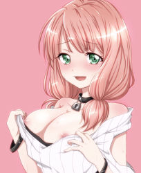 Rule 34 | 1girl, :d, armpit crease, ayane izumi, bang dream!, black collar, blush, bracelet, breasts, cleavage, clothes pull, collar, collarbone, commentary request, furrowed brow, green eyes, jewelry, large breasts, lock, looking at viewer, low twintails, nipples, off-shoulder shirt, off shoulder, open mouth, padlock, padlocked collar, pink background, pink hair, shirt, shirt pull, smile, solo, striped clothes, striped shirt, sweat, twintails, uehara himari, upper body, vertical-striped clothes, vertical-striped shirt, white shirt
