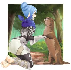 Rule 34 | 1girl, animal, armor, armored dress, barefoot, black pantyhose, blue hair, blue scarf, brown eyes, commentary, english commentary, eye contact, feet, fire emblem, fire emblem fates, fire emblem if, forest, gloves, grass, grey eyes, hair bun, highres, igni tion, kana (female) (fire emblem), kana (fire emblem), kneeling, long sleeves, looking at another, nature, nintendo, open mouth, otter, outdoors, pantyhose, pointy ears, scarf, short hair, sidelocks, single hair bun, smile, soles, stirrup legwear, toeless legwear, toes, tree