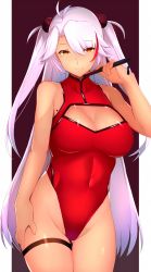 Rule 34 | 1girl, antenna hair, azur lane, blush, breasts, brown eyes, cleavage, cleavage cutout, clothing cutout, competition swimsuit, cowboy shot, folding fan, hair between eyes, hair ornament, hand fan, hand on own thigh, highleg, highleg swimsuit, highres, holding, holding fan, kameponde, large breasts, long hair, looking at viewer, mole, mole on breast, multicolored hair, one-piece swimsuit, prinz eugen (azur lane), red hair, red one-piece swimsuit, shiny skin, silver hair, smile, solo, streaked hair, swimsuit, thigh strap, two side up, very long hair