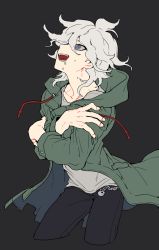 Rule 34 | 1boy, absurdres, arched back, black background, black pants, blue eyes, chain, coat, collarbone, commentary request, contrapposto, crazy eyes, cropped legs, crossed arms, danganronpa (series), danganronpa 2: goodbye despair, green coat, grey hair, grey shirt, hair between eyes, hands on own arms, highres, hood, komaeda nagito, long sleeves, looking up, male focus, medium hair, messy hair, open clothes, open mouth, pants, saliva, shirt, simple background, sin11111, skull ornament, solo