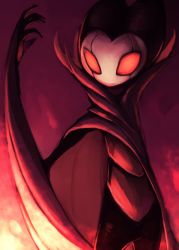 Rule 34 | cowboy shot, grimm (hollow knight), hand up, highres, hollow knight, looking at viewer, no humans, okame nin, red eyes, red theme, solo, standing