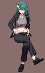 Rule 34 | 1girl, absurdres, arknights, asymmetrical horns, black footwear, black pants, black shirt, blood, brown background, casual, clothes lift, clothes pull, collarbone, commentary request, dress shirt, green hair, grey shirt, highres, holding, horns, hoshiguma (arknights), crossed legs, loafers, long hair, looking at viewer, needle, open clothes, open shirt, pants, pants pull, pulling, shirt, shirt lift, shoes, simple background, single horn, sitting, skin-covered horns, solo, stitches, stitching, tearing up, thread, wavy mouth, zhili xingzou
