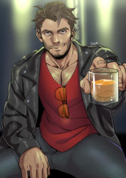 Rule 34 | 1boy, absurdres, alcohol, artist name, beard, black jacket, black pants, brown eyes, brown hair, chest hair, dream daddy: a dad dating simulator, unworn eyewear, facial hair, highres, jacket, leather, leather jacket, looking at viewer, male focus, outdoors, pants, red shirt, robert (dream daddy), robert small, shirt, sitting, solo, stubble, suyohara
