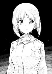 Rule 34 | 10s, 1girl, breast pocket, girls und panzer, greyscale, halcon, highres, looking at viewer, monochrome, nishizumi miho, pocket, short hair, simple background, solo, upper body