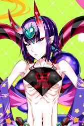 Rule 34 | 1girl, armpits, bad id, bad pixiv id, blunt bangs, chinese clothes, dudou, fate/grand order, fate (series), half-closed eyes, pointy ears, shuten douji (fate), shuten douji (fate/grand order), shuten douji (halloween caster) (fate), solo, tagme, thick eyebrows