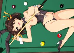 Rule 34 | 1girl, absurdres, alternate costume, animal ears, breasts, brown eyes, brown hair, collarbone, corset, cue stick, detached collar, fake animal ears, haruhisky, high heels, highres, huge filesize, leotard, looking at viewer, lying, navel, nipples, on back, one eye closed, open mouth, playboy bunny, pool table, rabbit ears, shiny skin, simple background, skindentation, solo, stomach, suzumiya haruhi, suzumiya haruhi no yuuutsu, table, thighs, wrist cuffs