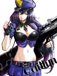Rule 34 | 1girl, bad id, bad twitter id, belt, blue eyes, breasts, caitlyn (league of legends), cleavage, fingerless gloves, gloves, gun, large breasts, league of legends, long hair, midriff, navel, officer caitlyn, police, police uniform, rifle, skirt, solo, sunglasses, uniform, weapon