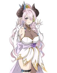 Rule 34 | 1girl, alternate costume, breasts, bridal gauntlets, butterfly hair ornament, cleavage, dress, flower, granblue fantasy, grey eyes, hair ornament, hair over one eye, highres, horns, large breasts, long hair, looking at viewer, mitsugu, narmaya (granblue fantasy), purple flower, purple hair, purple rose, rose, see-through, see-through cleavage, simple background, sleeveless, sleeveless dress, solo, white background, white bridal gauntlets, white dress