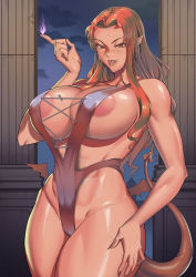 Rule 34 | 1girl, areola slip, breasts, fire, fire, highres, horns, huge breasts, kirin ouji, large areolae, large breasts, partially visible vulva, pointy ears, solo, swimsuit, tagme, tail, tongue, tongue out