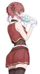 Rule 34 | 1girl, absurdres, bodystocking, bottle, brown thighhighs, cowboy shot, crop top, drinking, from behind, gloves, hair ribbon, highres, holding, holding bottle, hololive, houshou marine, icehotmilktea, looking away, medium hair, multicolored hair, pleated skirt, purple hair, red hair, red ribbon, red skirt, ribbon, simple background, skirt, solo, standing, streaked hair, thighhighs, twintails, virtual youtuber, water drop, white background, white gloves, yellow eyes
