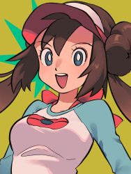Rule 34 | 1girl, :d, aqua eyes, bow, breasts, brown hair, commentary request, creatures (company), eyelashes, game freak, highres, long hair, looking at viewer, nintendo, nosutaal, open mouth, pink bow, pokemon, pokemon bw2, raglan sleeves, rosa (pokemon), sidelocks, smile, solo, teeth, twintails, upper body, visor cap