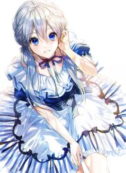 Rule 34 | 1girl, blue eyes, blue ribbon, blush, bow, collarbone, dot nose, dutch angle, frilled skirt, frills, full body, grey hair, hair between eyes, hand in own hair, hand on own leg, highres, leaning forward, long hair, looking at viewer, ma yoyo, neck ribbon, original, parted lips, puffy short sleeves, puffy sleeves, raised eyebrows, ribbon, sash, short sleeves, sidelocks, simple background, skirt, smile, solo, striped bow, striped clothes, striped skirt, teeth, waist bow, white background, white skirt