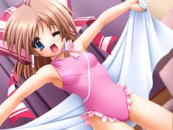 Rule 34 | 1girl, blue eyes, blush, bow, breasts, brown hair, choker, curtains, dutch angle, hair bow, hair ribbon, holding, long hair, looking at viewer, milkyway, milkyway 3, non-web source, one-piece swimsuit, one eye closed, open mouth, pink one-piece swimsuit, ponytail, ribbon, senomoto hisashi, small breasts, smile, solo, swimsuit, towel, wink