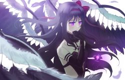 Rule 34 | 1girl, akemi homura, akuma homura, black dress, black gloves, black hair, black wings, bow, commentary request, dark orb (madoka magica), dress, elbow gloves, feathered wings, feathers, flypopo, fur collar, gloves, hair ribbon, hand on own face, hands up, highres, long hair, mahou shoujo madoka magica, mahou shoujo madoka magica: hangyaku no monogatari, purple eyes, red bow, red ribbon, ribbon, simple background, solo, spoilers, upper body, white background, wings