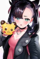 Rule 34 | 1girl, absurdres, aqua eyes, asymmetrical bangs, asymmetrical hair, backpack, bag, black choker, black jacket, black nails, blush, camera, choker, commentary, creatures (company), dress, game freak, gen 1 pokemon, hair ribbon, highres, holding, holding camera, jacket, jewelry, looking at viewer, marnie (pokemon), medium hair, nail polish, nintendo, open mouth, pendant, pikachu, pink dress, pink ribbon, pokemon, pokemon (creature), pokemon swsh, pomu (pomu me), ribbon, simple background, solo, themed object, twintails, undercut, upper body, white background