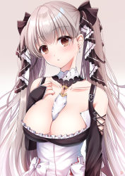 Rule 34 | 1girl, :o, absurdres, azur lane, between breasts, black dress, breasts, brown background, brown eyes, cleavage, collarbone, dress, earrings, formidable (azur lane), gradient background, hair ribbon, highres, jewelry, large breasts, long hair, looking at viewer, pochi (pochikoro3987), ribbon, silver hair, solo, twintails, two-tone dress, two-tone ribbon, white dress