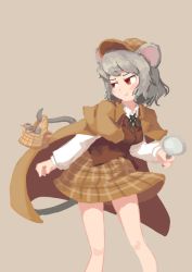 Rule 34 | 1girl, alternate costume, animal ears, bare legs, black neckwear, black ribbon, brown cape, brown headwear, brown skirt, brown vest, cape, cowboy shot, detective, grey hair, hat, highres, hyoutan tan, long sleeves, magnifying glass, mouse (animal), mouse ears, mouse girl, mouse tail, nazrin, plaid, plaid skirt, red eyes, ribbon, shirt, short hair, simple background, skirt, standing, tail, touhou, vest, white shirt