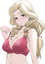 Rule 34 | 1girl, blonde hair, blush, bra, breasts, cleavage, closed mouth, collarbone, drill hair, girls und panzer, highres, lace, lace-trimmed bra, lace trim, large breasts, long hair, looking at viewer, navel, ponytail, red bra, simple background, smile, sofue (girls und panzer), solo, strap pull, twin drills, twintails, underwear, upper body, white background, yts takana