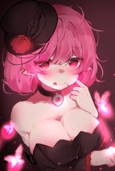 Rule 34 | 1girl, bare shoulders, black choker, black hat, black sleeves, blush, breasts, bug, butterfly, choker, cleavage, closed mouth, detached sleeves, flower, furrowed brow, glowing butterfly, hand up, hat, hat flower, highres, ho miming, insect, korean commentary, large breasts, long sleeves, looking at viewer, lucid (maplestory), maplestory, mini hat, mini top hat, mole, mole on breast, pink butterfly, pink eyes, pink hair, pointy ears, red flower, red rose, rose, smile, solo, tongue, tongue out, top hat, upper body