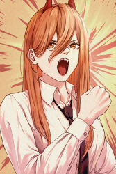 Rule 34 | 1girl, breasts, brown necktie, chainsaw man, clenched hand, collared shirt, commentary request, cross-shaped pupils, eyelashes, hair between eyes, hand up, highres, horns, long hair, long sleeves, looking at viewer, loose necktie, makadamin32, medium breasts, necktie, open mouth, orange background, orange hair, power (chainsaw man), red horns, shadow, sharp teeth, shirt, sidelocks, solo, symbol-shaped pupils, teeth, tongue, upper body, white shirt