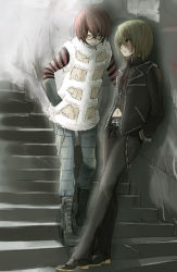 Rule 34 | 00s, belt, blonde hair, boots, chain, closed eyes, cross, death note, goggles, jewelry, matt (death note), mello (death note), midriff, navel, necklace, open mouth, red hair, rosary, smile, smoking, stairs, vest