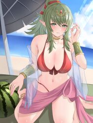 Rule 34 | 1girl, adjusting hair, anklet, beach, beach umbrella, bikini, bracelet, breasts, fire emblem, fire emblem awakening, fire emblem heroes, gold choker, green eyes, green hair, hair ribbon, high ponytail, highres, jewelry, large breasts, looking at viewer, nintendo, official alternate costume, parted lips, peli cantaro, pink scarf, pointy ears, ponytail, red bikini, red ribbon, ribbon, scarf, seiza, sitting, smile, solo, swimsuit, teeth, tiara, tiki (adult) (fire emblem), tiki (adult) (summer) (fire emblem), tiki (fire emblem), umbrella, watermark