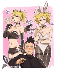 1boy 1girl alternate_costume animal_ears arm_up bare_arms bare_shoulders black_bow black_bowtie black_choker black_gloves black_hair black_pantyhose black_shirt black_shorts black_thighhighs blonde_hair blush bow bowtie bra breasts choker cleavage collarbone couple demon_girl demon_horns demon_tail demon_wings detached_collar elbow_gloves fake_animal_ears gloves green_eyes hair_between_eyes hair_up hand_up heart hetero high_ponytail highres horns korean_commentary korean_text large_breasts leotard long_sleeves looking_at_viewer looking_to_the_side mini_wings nara_shikamaru naruto_(series) naruto_shippuuden navel nervous nervous_sweating nose_blush one_eye_closed open_mouth pantyhose playboy_bunny ponytail puckered_lips shade shirt short_shorts short_twintails shorts sideboob small_horns spiked_hair spoken_heart standing stomach sweat tail teeth temari_(naruto) thighhighs thighs twintails underwear unico_cats2 upper_teeth_only wings wrist_cuffs