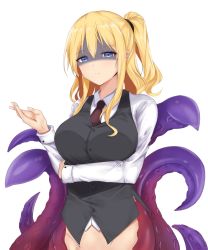 Rule 34 | 1girl, absurdres, arm under breasts, black vest, blonde hair, blue eyes, breasts, buttons, closed mouth, collared shirt, dinosaurus (azimangasaurus), existence, game cg, hair between eyes, half-closed eyes, hand up, highres, large breasts, long hair, long sleeves, looking at viewer, monster girl, necktie, nell (existence), ponytail, scylla, shaded face, shirt, side ponytail, sidelocks, simple background, solo, standing, suction cups, tentacles, vest, white background, white shirt, wing collar