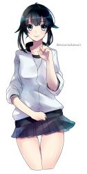 Rule 34 | 1girl, black hair, black skirt, blue eyes, blush, character request, closed mouth, collarbone, highres, kantai collection, long sleeves, looking at viewer, mizoredama1, pencil skirt, short hair, skirt, smile, solo, twitter username