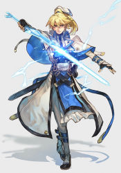 Rule 34 | 1boy, arc system works, belt, blonde hair, blue eyes, english text, fingerless gloves, gloves, grey background, guilty gear, guilty gear xrd, hair between eyes, holding, holding sword, holding weapon, hungry clicker, ky kiske, lightning, long sword, looking at viewer, male focus, ponytail, shadow, shoes, simple background, solo, sword, weapon