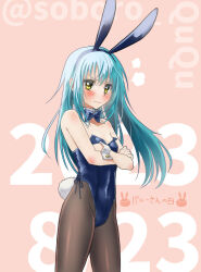Rule 34 | 1other, androgynous, animal ears, black pantyhose, blue bow, blue bowtie, blue hair, blue hairband, blue leotard, blush, bow, bowtie, closed mouth, crossed arms, detached collar, embarrassed, fake animal ears, fake tail, flat chest, floating hair, hairband, leotard, long hair, looking at viewer, pantyhose, playboy bunny, rabbit ears, rabbit tail, rimuru tempest, soboro ququ, solo, strapless, strapless leotard, tail, tensei shitara slime datta ken, twitter username, very long hair, wing collar, wrist cuffs, yellow eyes