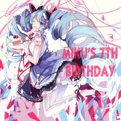 Rule 34 | 1girl, cake, character name, drill hair, food, happy birthday, hatsune miku, high heels, highres, imoko (imonatsuki), long hair, one eye closed, open mouth, pantyhose, skirt, solo, tattoo, twin drills, twintails, very long hair, vocaloid