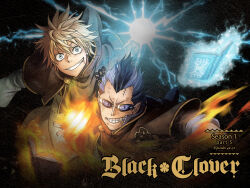 Rule 34 | 2boys, black clover, blonde hair, blue aura, book, bruise, cover, crazy eyes, crazy smile, dvd cover, electricity, electrokinesis, fiery aura, fire, floating, floating book, floating object, grimoire, grin, highres, incoming attack, injury, luck voltia, magna swing, male focus, multiple boys, official art, pyrokinesis, short hair, smile, spiked hair, stitches, sunglasses, tabata yuuki, upper body