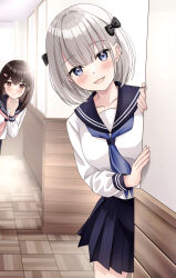 Rule 34 | 2girls, :d, :t, black bow, black sailor collar, black skirt, blue eyes, blue neckerchief, blurry, blurry background, blush, bow, breasts, brown eyes, brown hair, closed mouth, collarbone, commentary request, day, depth of field, fang, grey hair, hair between eyes, hair bow, hair ornament, hairclip, harumiya saki, highres, indoors, long sleeves, medium breasts, multiple girls, neckerchief, open mouth, original, peeking out, pink bow, pink neckerchief, pleated skirt, pout, puffy long sleeves, puffy sleeves, sailor collar, school uniform, serafuku, shirt, skirt, smile, sunlight, white shirt, yukimaru217