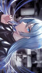 Rule 34 | 1girl, blue eyes, blue hair, closed mouth, commentary request, cross, cross necklace, garan (garan0502), highres, jewelry, light blue hair, long hair, long sleeves, looking at viewer, necklace, project sekai, ring, sideways glance, solo, turtleneck, yoisaki kanade