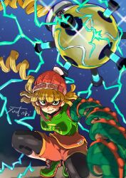 Rule 34 | 1girl, arms (game), beanie, blonde hair, chest guard, domino mask, electricity, eye mask, green eyes, green footwear, hat, highres, leggings under shorts, mask, megawatt (arms), min min (arms), on one knee, orange shirt, orange shorts, shirt, shoes, short hair, shorts, signature, sneakers, solo, you bird