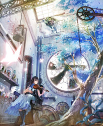 Rule 34 | 1girl, birdcage, black hair, blurry, boots, brown eyes, bug, butterfly, cage, chain, chair, corset, cross-laced footwear, depth of field, dress, female focus, fish, gears, glowing, hand fan, holding, holding instrument, holding violin, indoors, insect, instrument, kirinosuke, lace-up boots, non-humanoid robot, original, plant, pulley, robot, robot animal, robot fish, sitting, sleeveless, sleeveless dress, solo, tree, violin