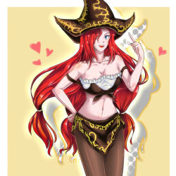 Rule 34 | 1girl, bare shoulders, blue eyes, breasts, collarbone, hair over one eye, hat, heart, hum (812618132), index finger raised, league of legends, long hair, midriff, navel, open mouth, red hair, miss fortune (league of legends), solo