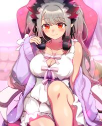 Rule 34 | 1girl, nanashi inc., absurdres, blush, bow, breasts, cardigan, chair, chicken cat, cleavage, cleavage cutout, clothing cutout, cone hair bun, demon girl, demon horns, demon tail, dress, gaming chair, grey hair, hair bun, headphones, headphones around neck, highres, honey strap, horns, indoors, jewelry, large breasts, leg up, long sleeves, looking at viewer, multicolored hair, necklace, off shoulder, official alternate costume, open cardigan, open clothes, pink hair, pointy ears, purple cardigan, red eyes, single bare shoulder, sitting, sleeveless, sleeveless dress, smile, solo, suou patra, swivel chair, tail, twintails, underbust, virtual youtuber, white bow, white dress