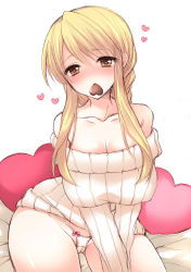 Rule 34 | 1girl, agrias oaks, bare shoulders, blonde hair, blush, bow, bow panties, breasts, cameltoe, chocolate, cleavage, final fantasy, final fantasy tactics, heart, highres, huge breasts, large breasts, long hair, looking at viewer, micro panties, mouth hold, off-shoulder, off-shoulder sweater, panties, pocopoco, ribbed sweater, sitting, solo, sweater, underwear, valentine, white panties, yellow eyes