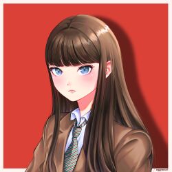 Rule 34 | 1girl, animification, artist name, blazer, blue eyes, blush, brown jacket, collared shirt, eggymon, eyebrows hidden by hair, frown, green necktie, haerin (newjeans), hair behind ear, highres, jacket, k-pop, long hair, looking at viewer, necktie, newjeans, portrait, real life, red background, shadow, shirt, solo, white jacket