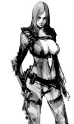 Rule 34 | 1girl, bodysuit, breasts, cleavage, diving suit, greyscale, hair down, highres, holster, ikeda masateru, jill valentine, large breasts, lips, monochrome, resident evil, resident evil: revelations, solo, unzipped, wetsuit