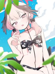 Rule 34 | 1girl, bikini, black bikini, black bow, black wings, blue archive, blue sky, bow, cloud, commentary request, day, flat chest, futapi, hair bow, halo, head wings, highres, koharu (blue archive), koharu (swimsuit) (blue archive), looking at viewer, medium hair, ocean, official alternate costume, outdoors, pink hair, red halo, sitting, sketch, sky, solo, swimsuit, twintails, wings