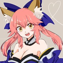 Rule 34 | 10s, 1girl, animal ears, bare shoulders, breasts, cleavage, detached sleeves, fate/extra, fate/grand order, fate (series), fox ears, grey background, hair ribbon, japanese clothes, large breasts, looking at viewer, nanashiba, open mouth, pink hair, ribbon, simple background, solo, tamamo no mae (fate/extra), yellow eyes