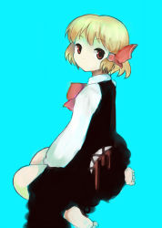 Rule 34 | 1girl, amii, bad id, bad pixiv id, barefoot, blonde hair, embodiment of scarlet devil, face, female focus, red eyes, ribbon, rumia, short hair, sitting, solo, touhou, wariza