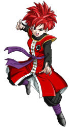 Rule 34 | 1girl, baggy pants, black footwear, black pants, chinese clothes, dougi, dragon ball, dragon ball xenoverse, fighting stance, full body, highres, long sleeves, mirai senshi, open mouth, pants, purple sash, red hair, sash, simple background, solo, spiked hair, white background